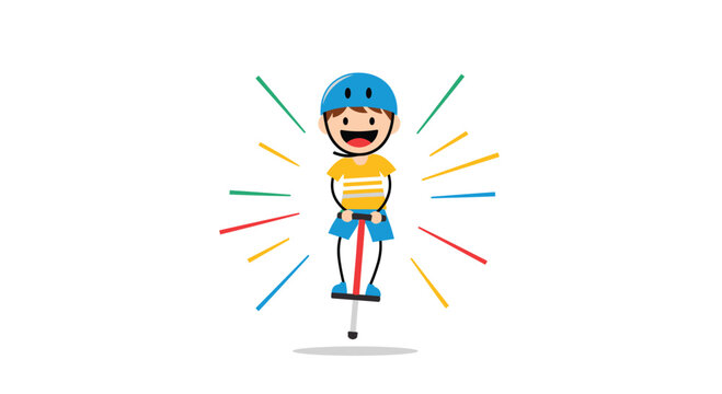 Happy boy with a helmet joyfully jumping on a pogo stick surrounded by colorful rays illustrating active childhood fun.