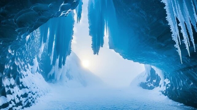 Interior of a glacial ice cave with hanging icicles and bright sun over arctic landscape