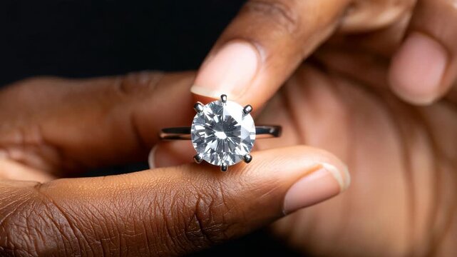 Person of color holding a brilliant round cut diamond solitaire ring in a six prong setting against black