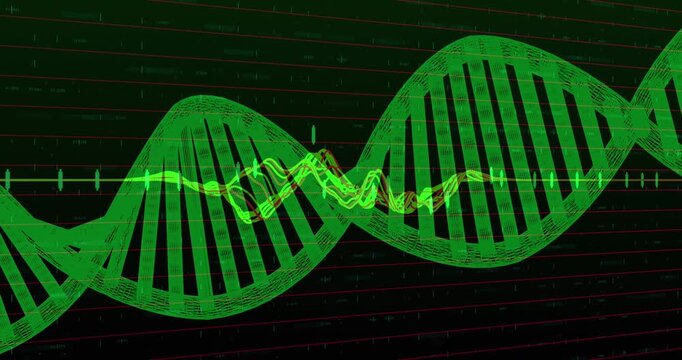 Animation of zigzag lines over string of data processing on black background