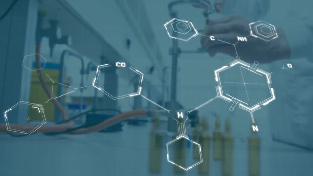 Animation of dna strand spinning over scientific data processing on blue background