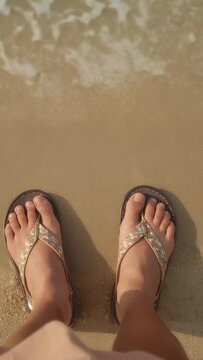 Vertical video: Wave rolling feet in floral sandals wet as foam receding on sand, shell, skirt hem
