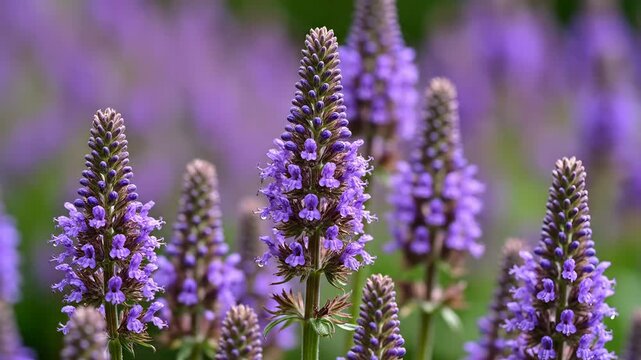 Close up of purple hyssop flowers swaying gently in a garden field during a sunny summer day