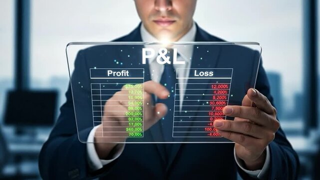 Male executive analyzing interactive profit and loss statement on transparent tablet for reporting