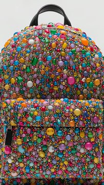 Vertical video: Shifting camera revealing beaded backpack on table, showing black handle, gold snap