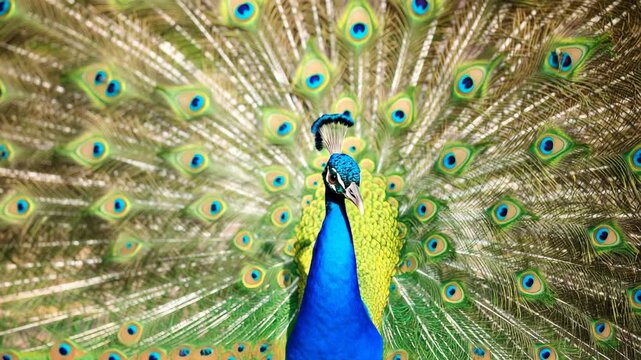 Male peacock displaying vibrant green and blue tail feathers during a beautiful courtship ritual in nature
