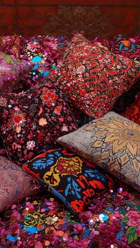 Vertical video: Panning camera capturing pillows at showroom, highlighting sequins and bold cushion