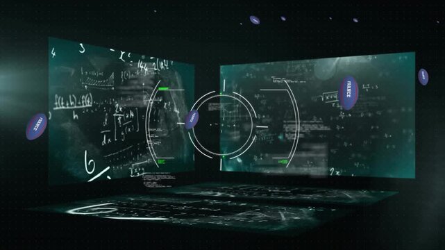 Animation of data processing over rugby balls with france texts
