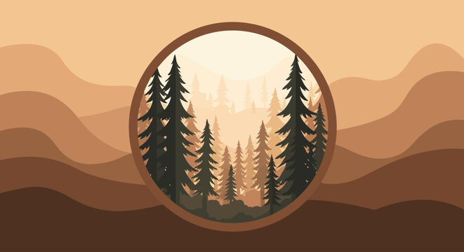 Stylized forest landscape with pine trees and warm hills