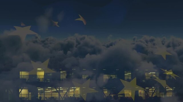 Animation of ue flag over cityscape