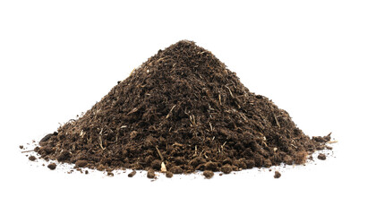Pile of organic soil isolated on white background, natural compost texture for gardening, agriculture, planting, and eco-friendly farming concepts. Ideal for sustainability and environmental design. 