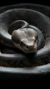 Vertical video: Reacting to muscle shift, python snake lifting head atop coils in studio, scales