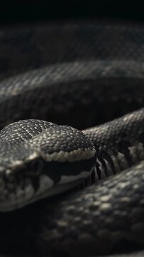 Vertical video: Shifting coiled python lifting head slightly after camera nudge in studio, scales