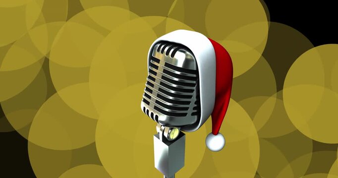 Animation of santa hat over a microphone icon against yellow spots of light on black background