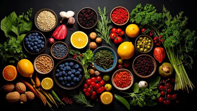 Fresh organic superfoods assortment with berries lemons tomatoes nuts and green herbs on black table surface