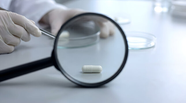 Hand holding a magnifying glass over a white capsule pill on a laboratory desk with petri dishes