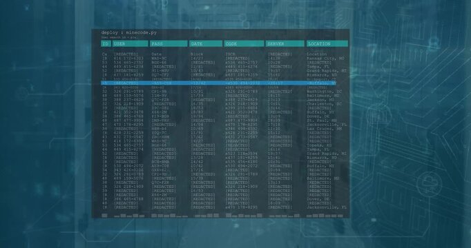 Animation of security padlock icon and data processing against computer server room