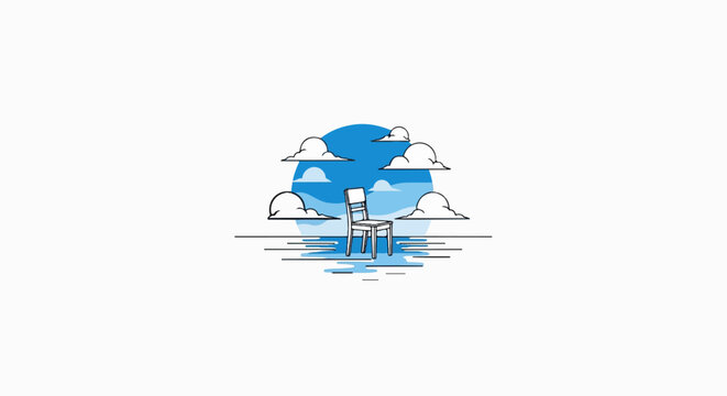 Minimalist illustration of a chair in the water under a cloudy blue sky