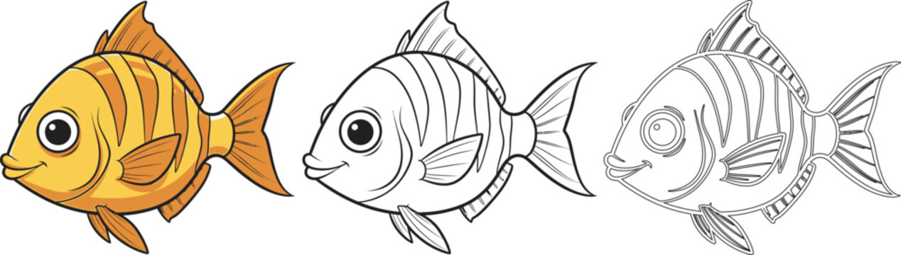 Coloring page of three fish in different stages