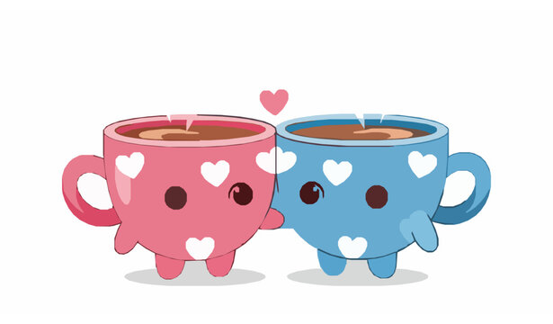 Valentine love coffee cup couple with hearts cute cartoon vector illustration
