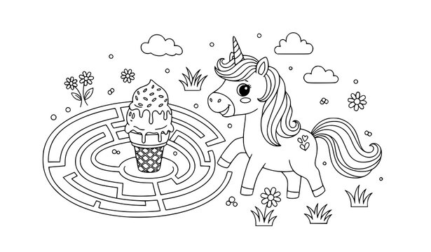 Cute unicorn maze coloring page with ice cream and flowers for kids vector illustration