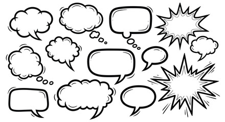 Fototapeta premium Set of 14 Hand-Drawn Doodle Style Speech Bubbles and Thought Clouds Vector Collection for Comic Book Design, Chat, and Communication Graphics