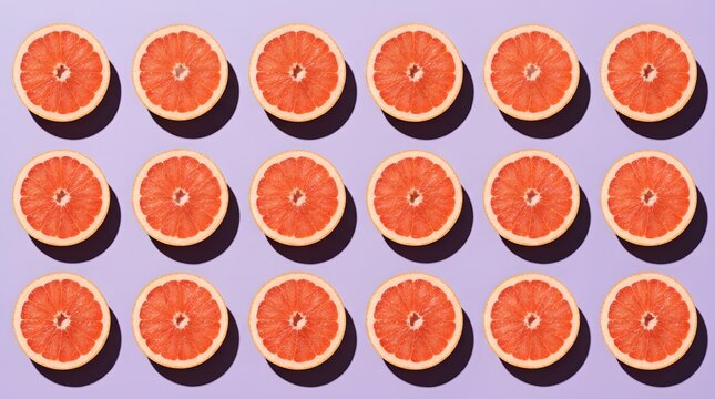 Top view pattern of fresh grapefruit slices arranged on a purple background.