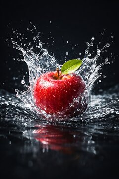 A vibrant red apple submerged in a splash of clear water, creating a refreshing, dynamic visual on a dark background.