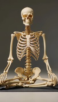 Vertical video: Showing skeleton sitting on mat in studio as camera zooming for study pin showing