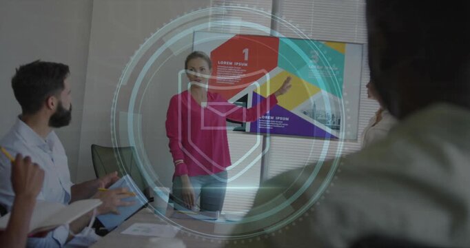Animation of cyber security text, sheild icon over caucasian woman giving a presentation at office
