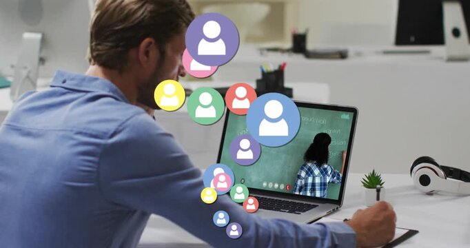 Animation of profile icons against caucasian male teacher having a video call on laptop at school