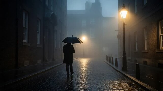 Lone man with umbrella walking on a misty cobblestone street at night in a Victorian noir style