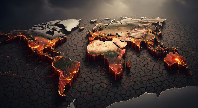 Global Catastrophe World Map Engulfed in Fire and Ash