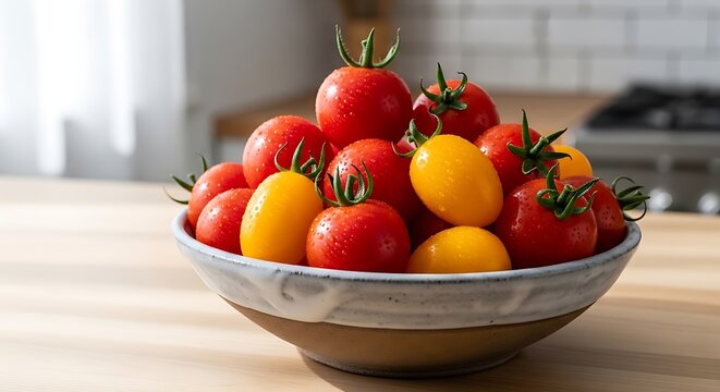Freshly harvested tomatoes displayed in a rustic bowl on a kitchen countertop. tomate cerise