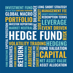 Hedge Fund Word Cloud Design for Poster, Wall Art, Investor Education Banner, Finance Classroom Decor. Hedge Fund modern blue finance typography