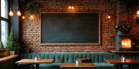 Naklejka premium Cozy interior. Brick wall, dark furniture, warm lighting. Empty chalkboard above green seating. Plants add life, fireplace glows softly.
