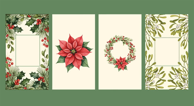Set of 4 Watercolor Christmas Holiday Vertical Card Templates with Poinsettia, Holly, Berries, Pine, and Mistletoe for Festive Invitations and Social Media Stories