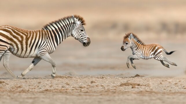 A zebra and a foal running in a dry, sandy landscape.