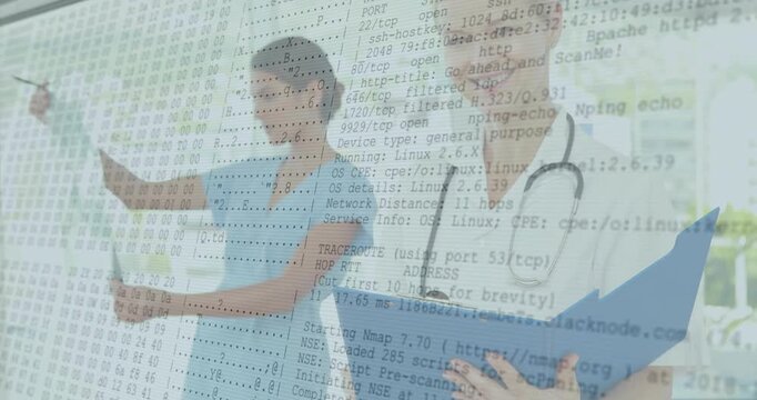 Network scan appearing as doctor reviewing medical notes and nurse reviewing radiograph to diagnose