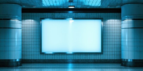 Fototapeta premium Subway tunnel features illuminated blank billboard. Blue tones dominate interior space, creating dramatic effect. Minimalist composition.