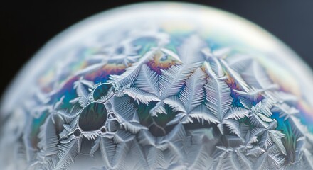 Fototapeta premium Close-up of a soap bubble with intricate rainbow-colored patterns and icy surface details.