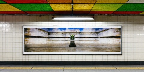 Fototapeta premium Subway station interior features colorful ceiling tiles, poster displaying room with doorway, tiled walls, platform flooring. Bright light illuminates scene.