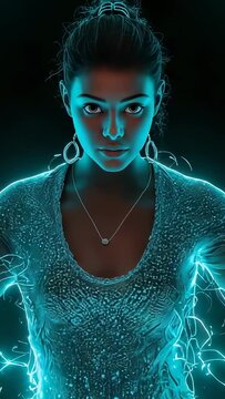 Vertical video: Rising figure looking up portal sparking light, threads tracing ribbed top for rite