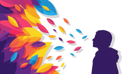 Fototapeta premium Profile silhouette of person with exploding colorful leaves