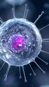 Vertical video: Drifting particle rotating by fluid flow, pulsing magenta core and revealing spikes