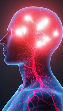Vertical video: Pulsing chest vessel sparking head-torso showing hotspots moving up neck to brain