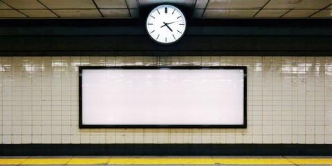 Fototapeta premium Subway station interior. Clock above blank billboard. Tiled walls, yellow platform edge. Dim lighting creates stark contrast.
