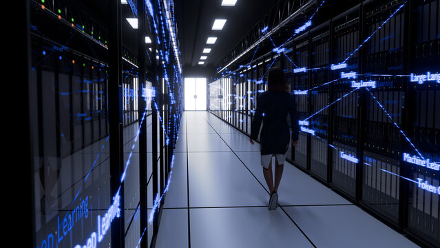 3d render of an abstract AI datacenter aisle with AI terms. A woman walks past the racks of computers.
