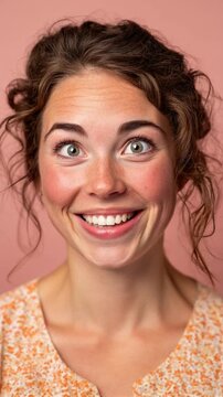 A woman playfully makes funny faces in a series of cute and expressive shots, showcasing her vibrant personality against a soft pink background that adds warmth.