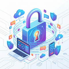 Robust digital cybersecurity concept illustrating secure data protection with a large padlock, interconnected devices, and cloud services, emphasizing online privacy and network safety